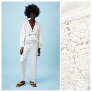 Zara Ecru Cotton Crochet Detail V-neck Top/Shirt. Size S.